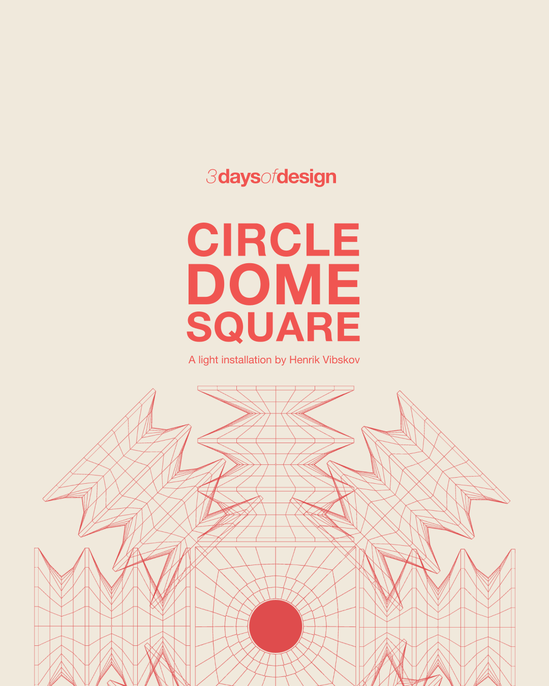 Geometric red wireframe graphic promoting Henrik Vibskov’s light installation, © 2025 Louis Poulsen.