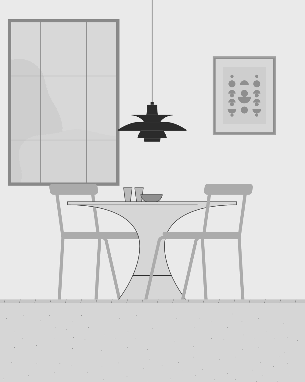 One PH pendant lamps above a dining table with spacing and height guidelines, © 2025 Louis Poulsen.