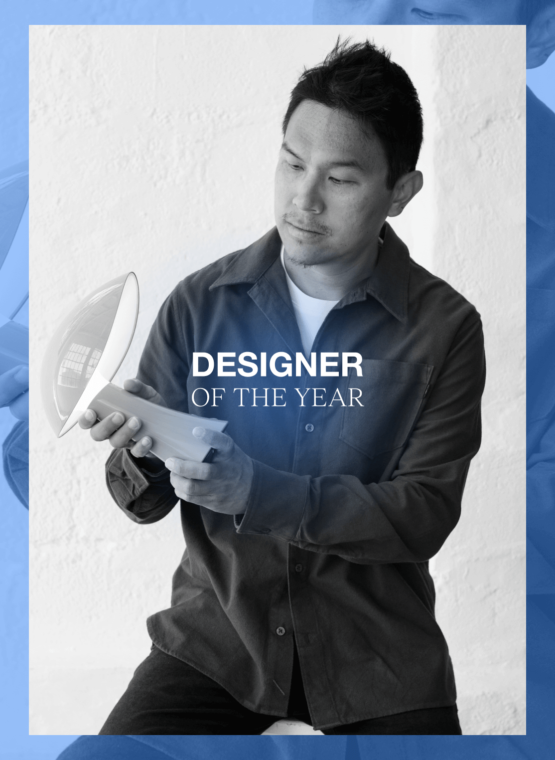 Designer holding a Rumee portable lamp, with a 'Designer of the Year' title, © 2025 Louis Poulsen.
