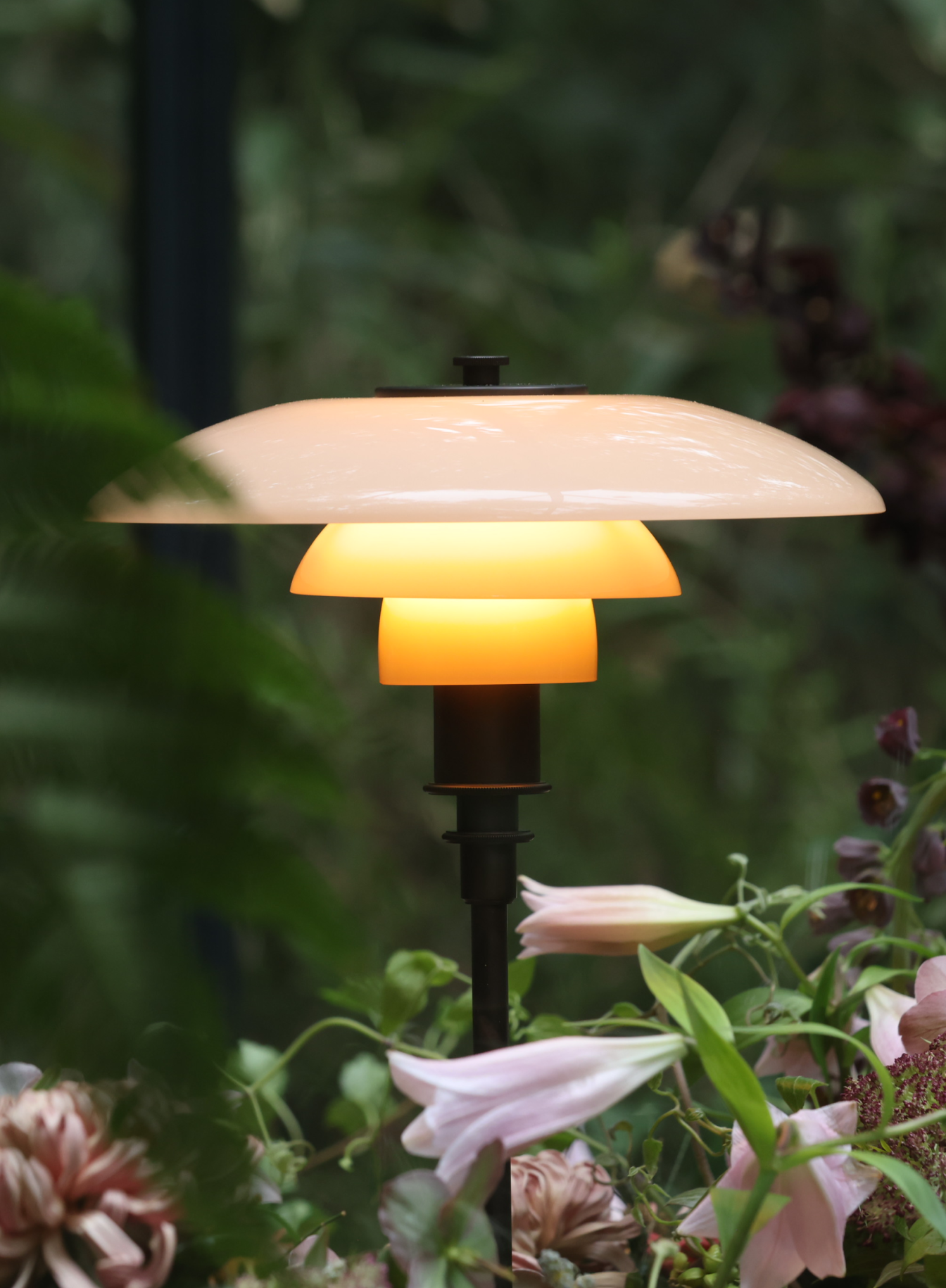 Close-up of PH 3/2 Limited Edition Table Lamp glowing among pink flowers, © 2025 Louis Poulsen.