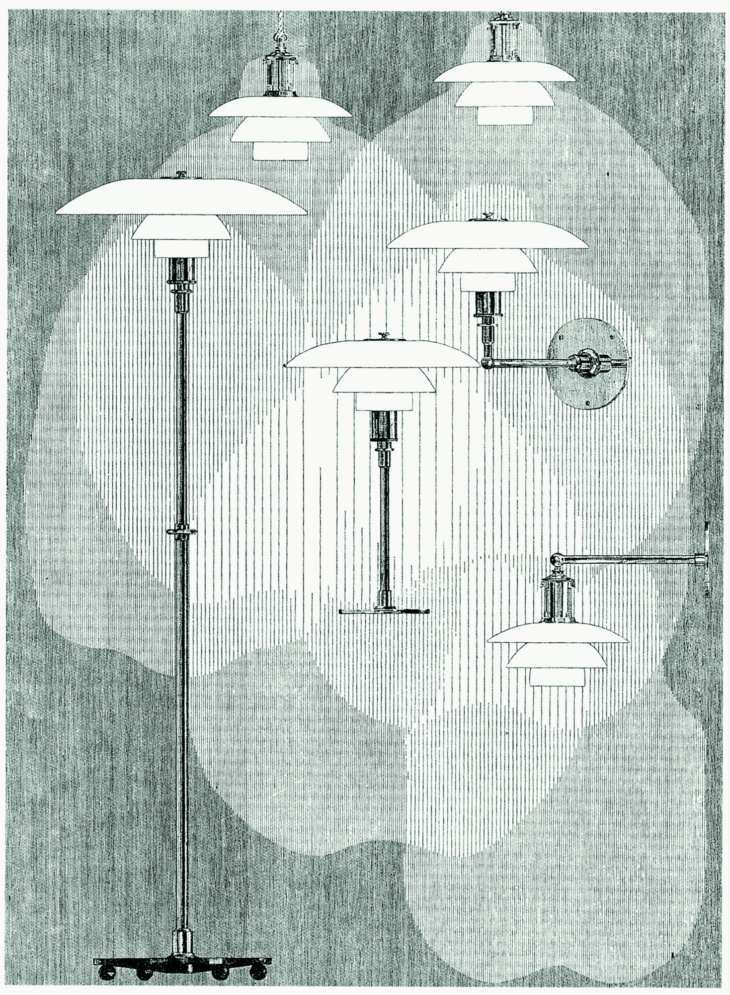 Ilustración vintage de los diseños de lámparas multicapas de Poul Henningsen, © 2025 Louis Poulsen.